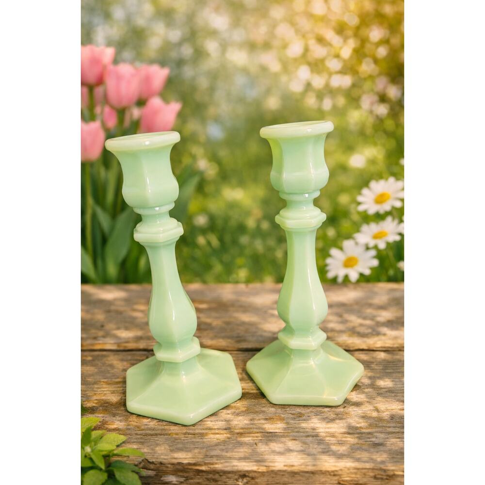 Mosser Glass Jadeite pair candlesticks